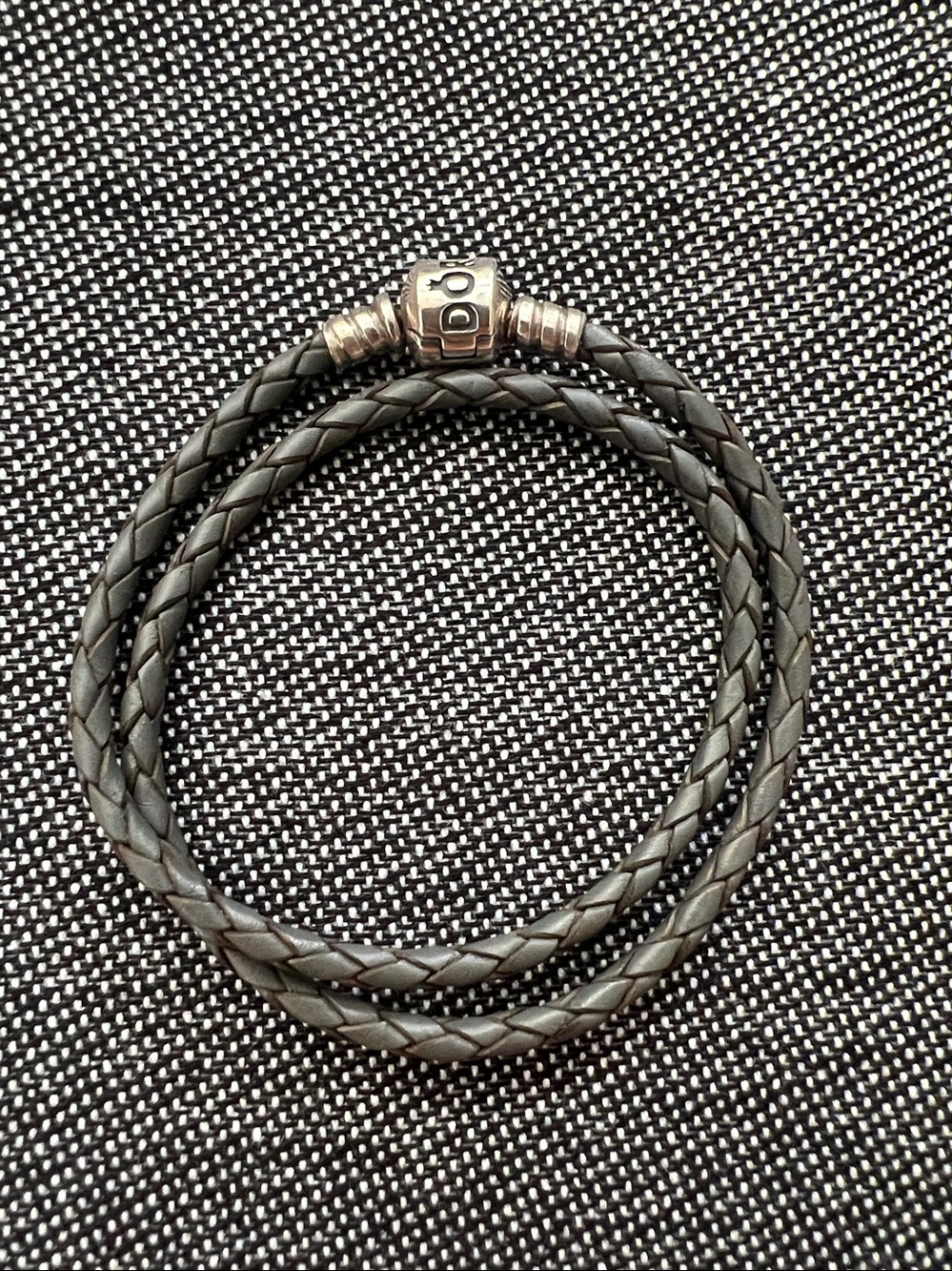 Pandora Double Dark Grey Leather Bracelet Sterling Silver Barrel Clasp 13.25”